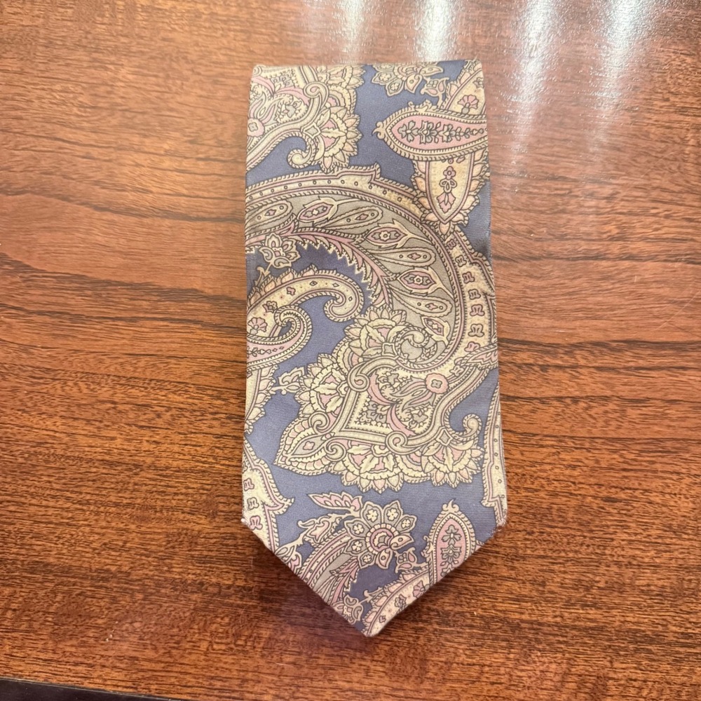 Vtg Christian Dior Monsieur Silk Tie Large Grand Paisley Slate Blue & Lavender